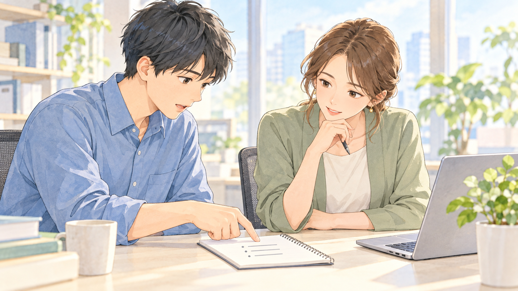 質問を整理したノートを指しながら、上司に確認する会社員のイラスト