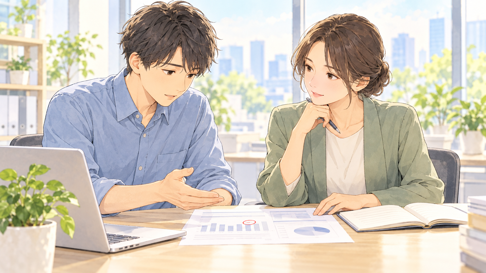 資料の誤りを上司に報告し、対応を相談する会社員のイラスト