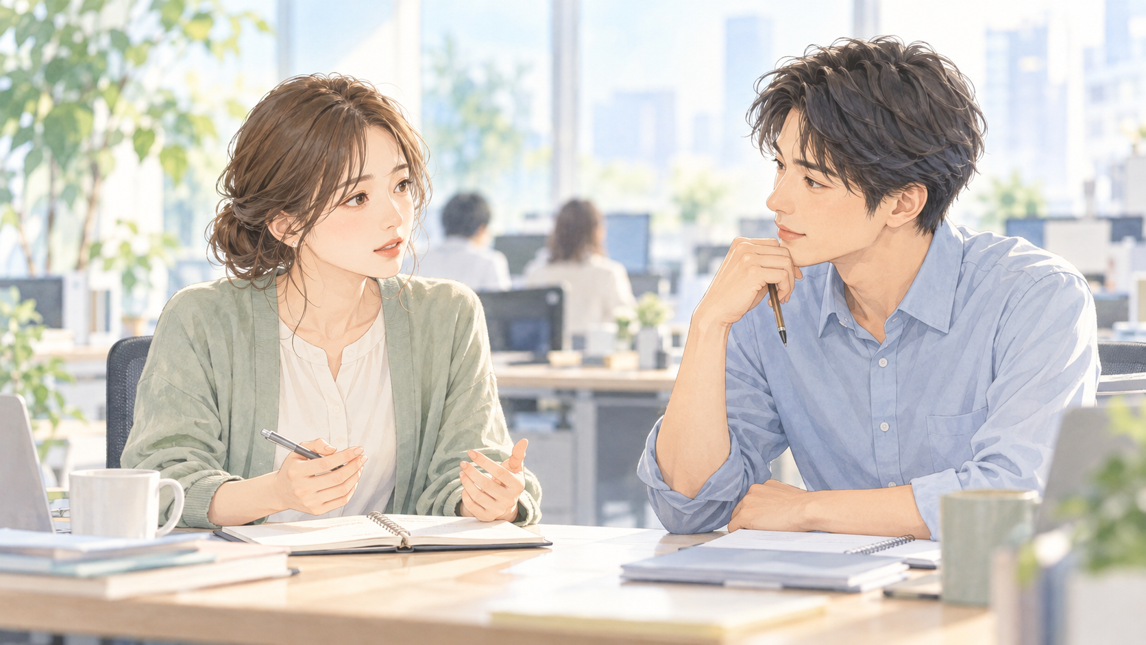 明るいオフィスで、ノートを広げながら同僚に相談する会社員のイラスト